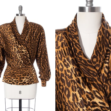 Vintage 1980s Blouse | 80s does 1940s Leopard Animal Print Silk Satin Long Bishop Sleeve Peplum Wrap Top (medium/large) 