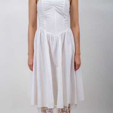 1980s White Cotton Strapless Sundress with Lace Trim