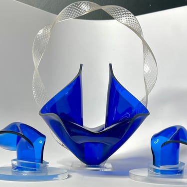 MODERNIST ACRYLIC SCULPTURAL Set with Basket and Candle Holders 