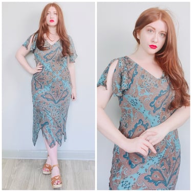Y2K K. Linda Blue Rayon Paisley Romantic Dress / Vintage Split Flutter Sleeve Bias Cut Ruffled Hem Beaded Dress / XL 