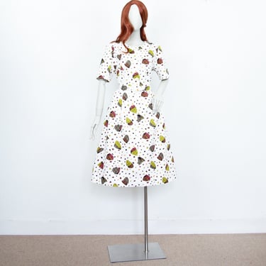 Vintage 80s White Floral Cotton Midi Dress Short Sleeves With Belt Size M UK 12 