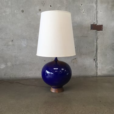 Cressey Style Royal Blue Glazed Ceramic Lamp With Walnut Details