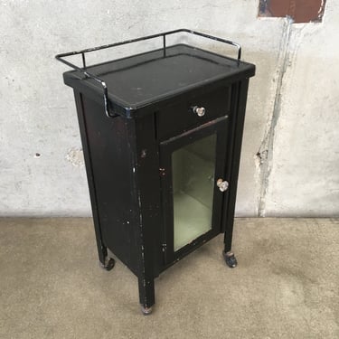 Antique Metal Medical Rolling Side Cabinet With Glass Front