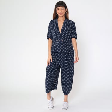 90s Two Piece Outfit Navy Blue Star Print Blouse & Capri Pants Set Baggy High Waisted Pants V Neck Button Up Top 1990s Vintage Suit Large 12 