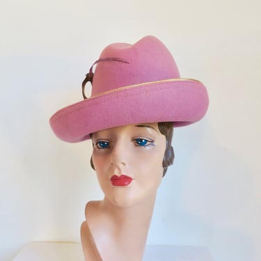 Vintage 1960's 70's Dusty Pink Felt High Crown Women's Fedora Style Hat with Feather Trim Gold Piping Mod Mid Century Millinery Paul Bensam 