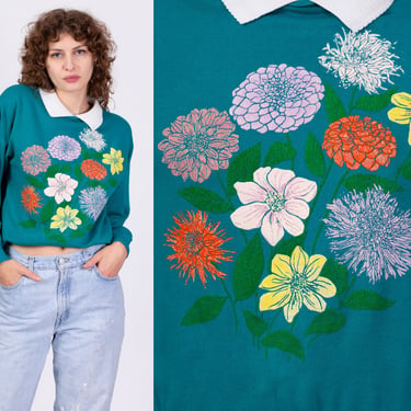 90s Wildflowers Collared Sweatshirt - Large | Vintage Teal Floral Graphic Long Sleeve Grandma Sweater 
