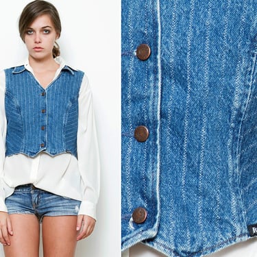 Vintage 80s 90s Vest Pin Striped Stripe Stripes Denim Jeans Layering Piece Blue Top 100% Cotton M MEDIUM (Width 19