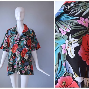 Vintage 1980s Black Hawaiian Hibiscus Floral Print Vibrant Tropical Button Down Top 
