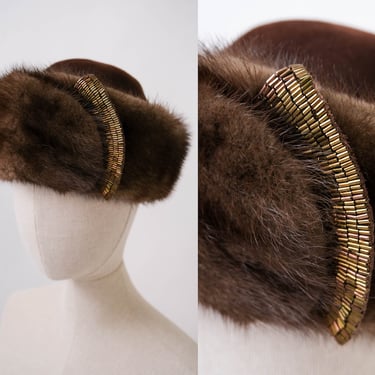 Vintage 60s Lenore Marshall New York Natural Chocolate Brown Mink and Beaver Felt Hat W/ Copper Toned Beaded Detailing| 1960s Designer Fur 
