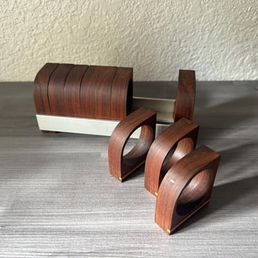 Vintage Danish Modern Rosewood Napkin Ring Holders, Set of 8 in caddy, Mid Century Modern Dining 