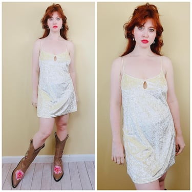 1990s Vintage California Dynasty Pale Yellow Crushed Velvet Dress / 90s / Plunging Back Keyhole Velvet Knit Mini Slip Nightgown / Large/XL 