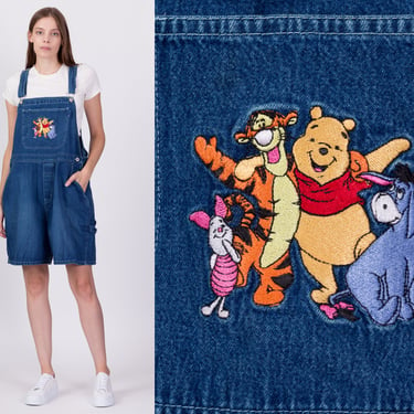 90s Winnie The Pooh Denim Overall Shorts - 1X | Vintage Blue Jean Disney Cartoon Plus Size Shortalls 