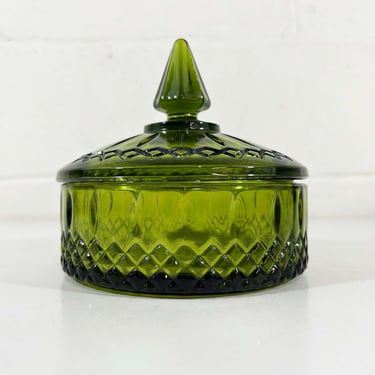 Vintage Indiana Glass Green Candy Dish Stasher Princess Covered Lidded Box Vanity Storage 1970s 70s 