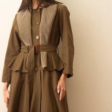 1980s Italian Duck Khaki Peplum Trench with Wool Teddy Collar 