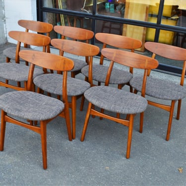 Set 8 Restored Hans Wegner Teak & Oak CH30 Dining Chairs Tweed