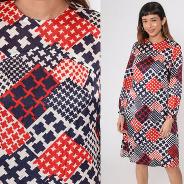 60s Mod Dress Patchwork Checkered Dress Red White Blue Houndstooth Print Shift Midi Twiggy 70s Vintage Long Sleeve 1960s Minidress Small S 