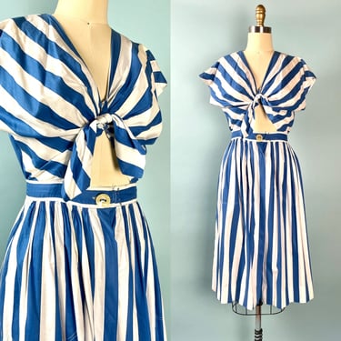 VINTAGE 1940s Bare Midriff Tie Top Summer Dress 