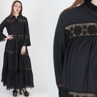 Ethnic Lounge Floral Lace Caftan, Zip Up Gauze Bell Sleeve Kaftan, Vintage Mexican Tiered Maxi Dress 
