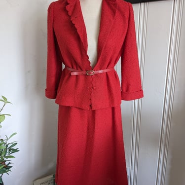 Vintage 80s Red Leslie Fay Petities Skirt Blazer Belt Set 