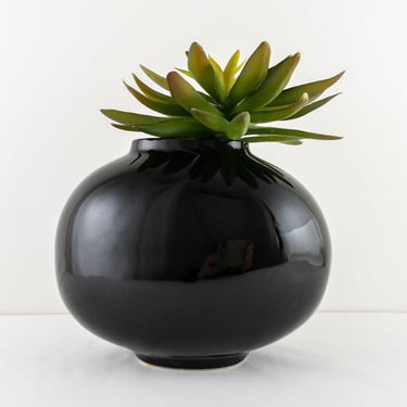 Black Vintage 80s Ceramic Round Vase, Narrow Orb Black Ceramic Vase 
