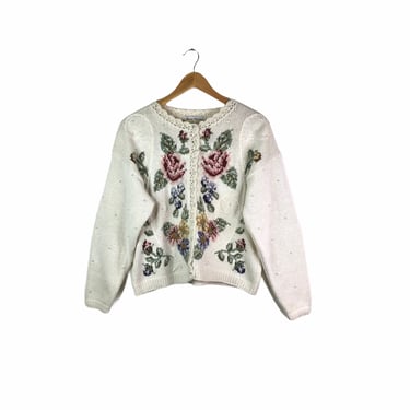 Vintage Handknit Floral Rose Cardigan Sweater, Marisa Christina, Size Medium Petite 