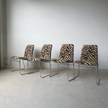 CHENILLE TIGER PRINT DINING CHAIRS WITH CHROME FRAME, SET OF 4