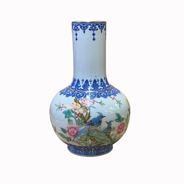 Chinese Oriental Off White Porcelain Birds Graphic Scenery Vase ws2721E 