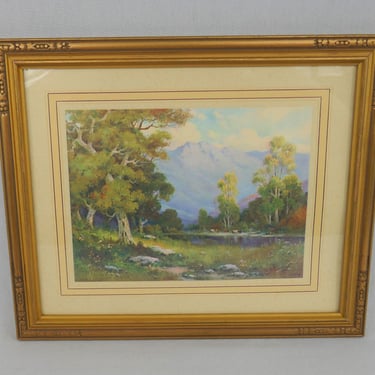 Vintage Mountain Landscape Print in Goldtone Painted Wooden Frame -  Lithograph w/ River Trees Flowers Livestock - 9