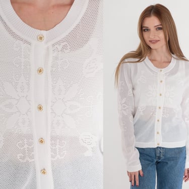 White Cutout Cardigan 80s Sheer Floral Bali Cutwork Cardigan Button Up Sweater Bohemian Summer Hippie Cut Out Flower Vintage 1980s Small S 