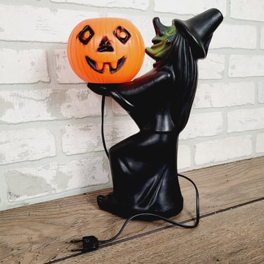 Plastic Blow Mold Black and Orange Light Pumpkin with Witch 