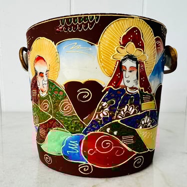 Vintage Japanese Satsuma bucket with lid, ceramic with handles, wicker lid, hand painted, kitchen canister, decor, collectible, gift 
