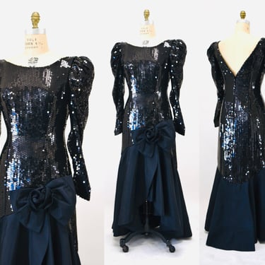 80s 90s Black Vintage Sequin Dress Evening Gown Medium// 80s Pageant Dress Black Sequin Ball Gown Dress Long Sleeve Conservative Nadine 