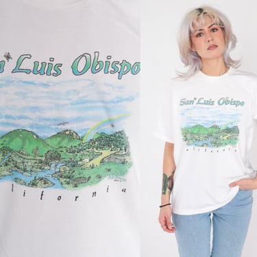 San Luis Obispo T Shirt 90s California Shirt Rainbow River Mountain Nature Tshirt Tourist Tee 1990s Vacation Tee Retro Vintage White Large L 