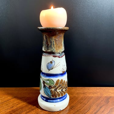 Ken Edwards Candle Holder, Pillar or Candle Stand, Mexico Mexican Pottery, Stoneware, Blue Bird, Butterflies, Flowers, Pine Cone, Vintage 