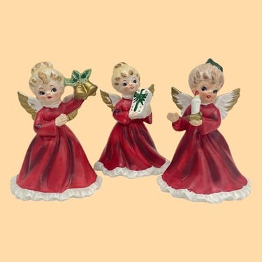 Vintage Napcoware Christmas Angels Retro 1960s Mid Century Modern + X6964 + Ceramic + Set of 3 + Bell, Present, Candle + MCM Xmas Decoration 