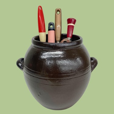 Vintage Kitchen Crock Retro 1960s Colonial Farmhouse + Dark Brown + Red Pottery Clay + Utensil or Gadget Storage + Handled Pot + Home Decor 