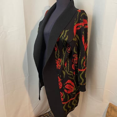 Cocoon Cardigan Sweater 80s Vintage Dark Floral black red tulips OS 