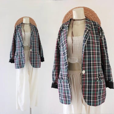plaid library jacket - m- womens 90s black white check plaid minimal blazer suit jacket academia library medium 