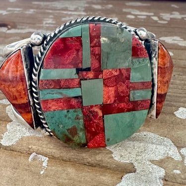 ALL IN ALL Sterling Silver, Spiny Oyster & Turquoise Inlay Navajo Cuff | Chimney Butte 66g Bracelet | Native American Jewelry, Southwestern 