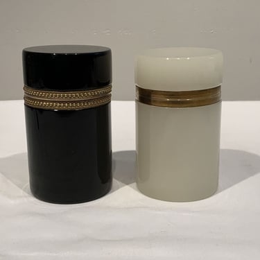 Pair of Vintage Black And White Opaline Murano Glass Cylinder Boxes Italy, 