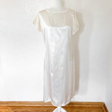 50s Cream Liquid Satin Silk Handmade Short Sleeve Slip Dress | Large/Extra Large 