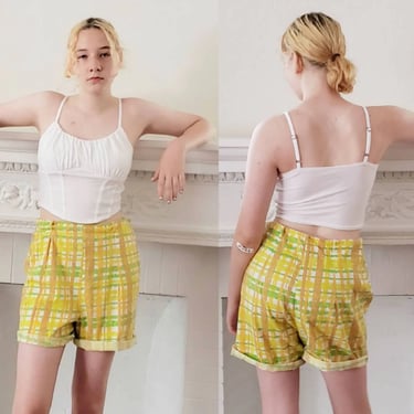 1960s Yellow Plaid Print shorts / 60s Cotton Shorts Medium / Carela 