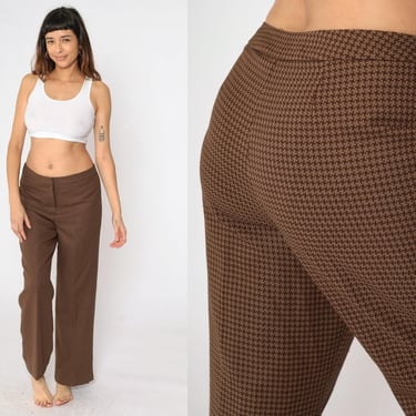 Y2K Houndstooth Pants Brown Checkered Dress Trousers Straight Leg High Rise Waist Retro Preppy Basic Check Print 00s Vintage Medium M 8 