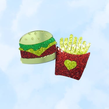 Burger & Fries Hair Clip Set - Cute Food Barrettes - Acrylic Hamburger French Fry Clips 