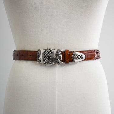 1990s Brown Leather Belt with Silver Metal Buckle 