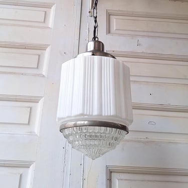 Antique Deco Faceted Clear and White Glass Flush Mount, Schoolhouse or Skyscraper Style Light, Antique Art Deco Light Architecture Salvage 