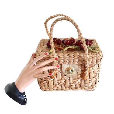 1950s Straw Basket Purse with Cherry Detail - Vintage Cherry Purse - Vintage Straw Handbag - 1950s Straw Handbag - 1950s Novelty Purse 