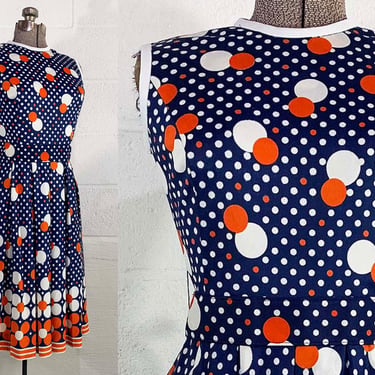 Vintage Floral Dress 60s Flower Power Mod Nancy Greer Polka Dot Midi Fit and Flare Pleated Skirt Sleeveless 1970s 1960s 70s Small XS 