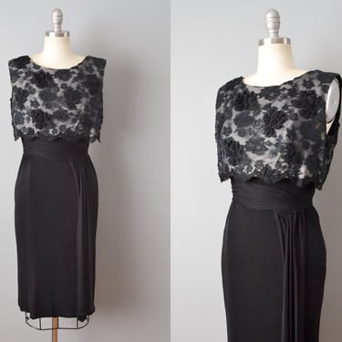 1950s Black Cocktail Dress By Miss Elliette // 50s Dress / Black Silk and Lace Dress / 1950s Little Black Dress / Size Small 