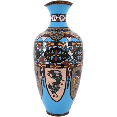 Antique Japanese Edo Cloisonne Blue Enamel Copper Baluster Vase 